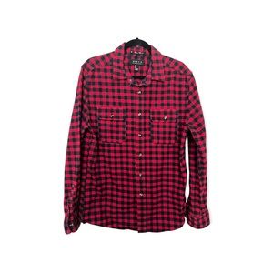 Long sleeve navy blue and red plaid flannel